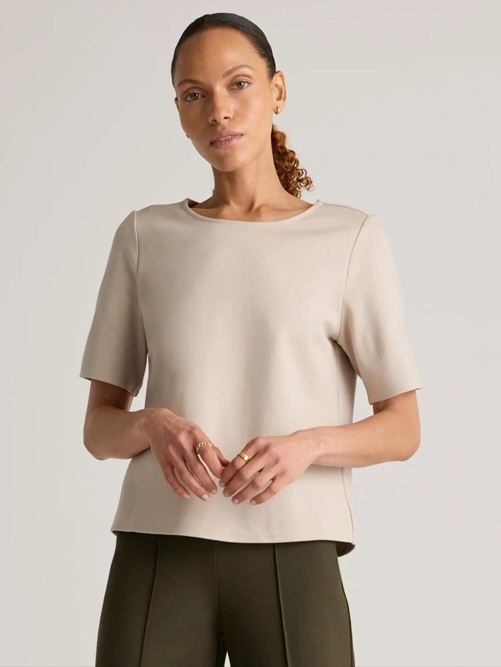 Quince Ultra Stretch Ponte Short Sleeve Top Womens XS Ecru Boxy Cropped Basic